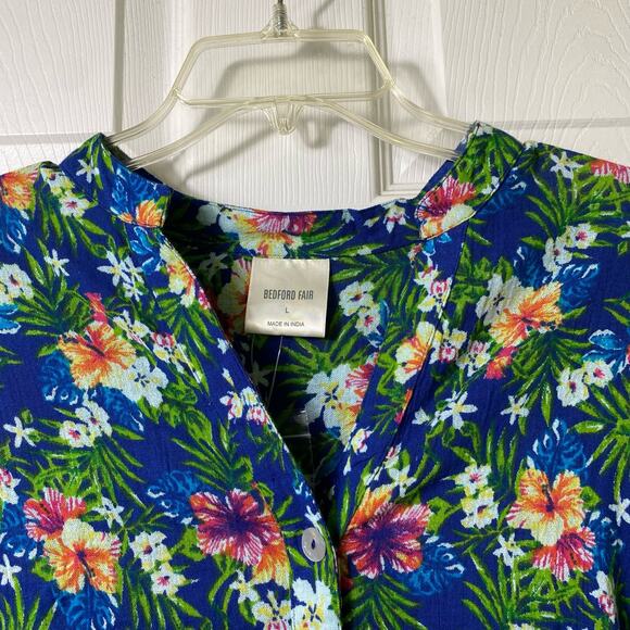 Bedford Fair NWOT Sz L 3/4 Sleeve Blue Floral Button Front Top 100% Cotton (2563 - Picture 5 of 9